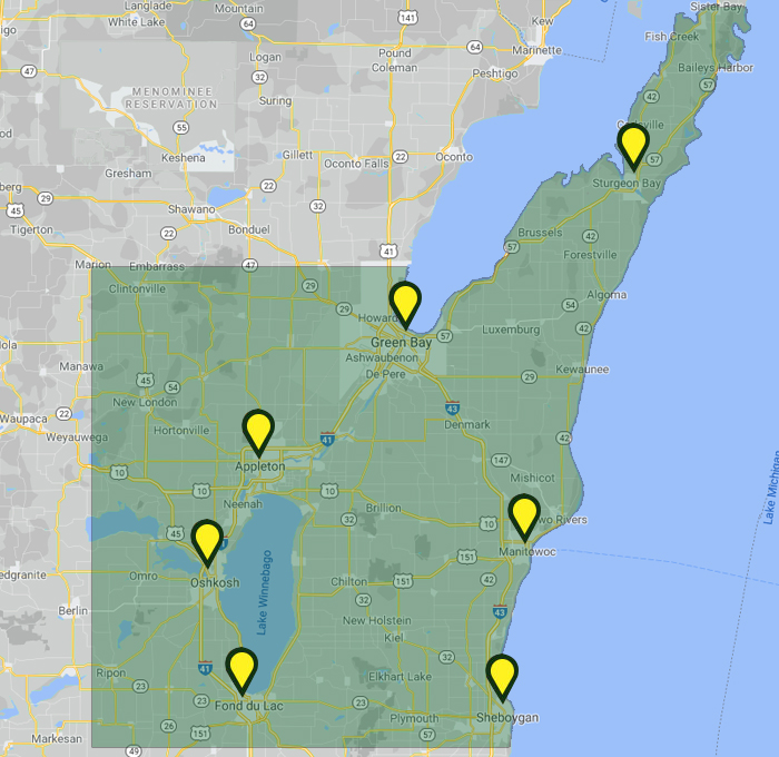 Dumpster rental service areas, including Green Bay, Manitowoc, Appleton, Oshkosh and Fond du Lac Green Bay area dumpster rental service